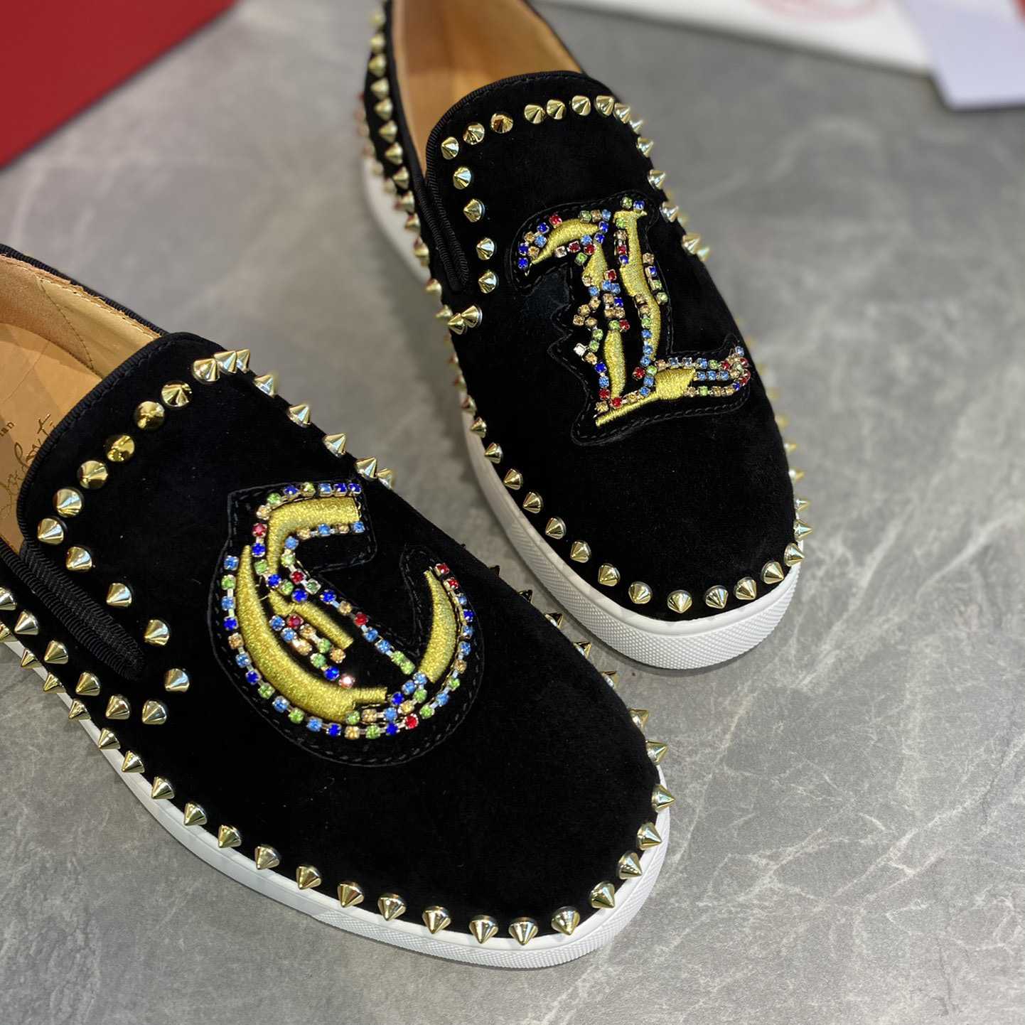 Christian Louboutin Studded Suede Spike Slip-On Sneakers - PerfectKickZ