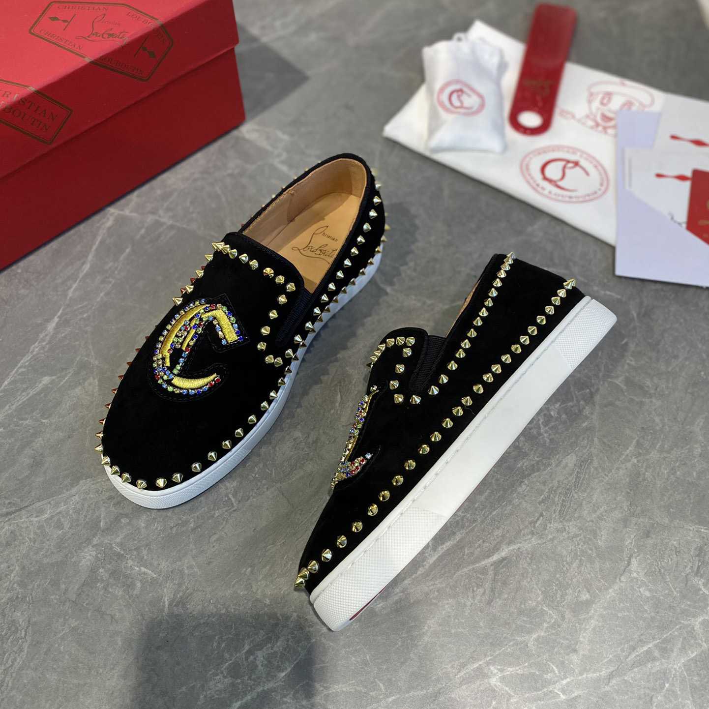 Christian Louboutin Studded Suede Spike Slip-On Sneakers - PerfectKickZ