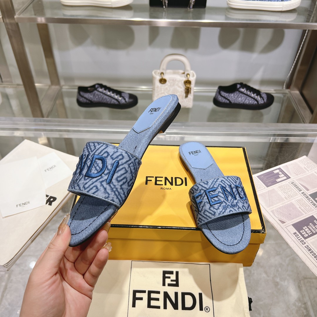 Fendi Signature Blue Denim Slides - PerfectKickZ