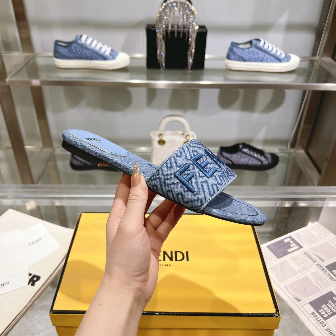 Fendi Signature Blue Denim Slides - PerfectKickZ