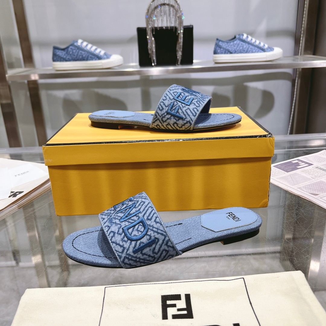 Fendi Signature Blue Denim Slides - PerfectKickZ