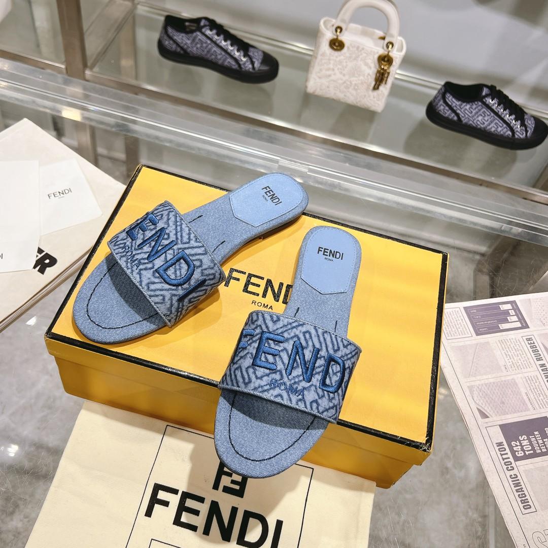 Fendi Signature Blue Denim Slides - PerfectKickZ