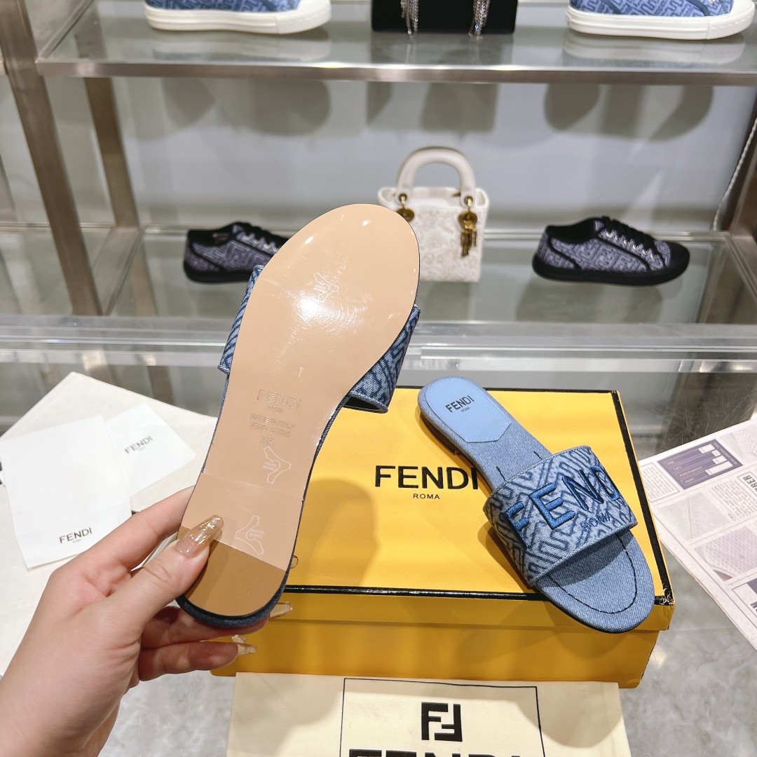 Fendi Signature Blue Denim Slides - PerfectKickZ