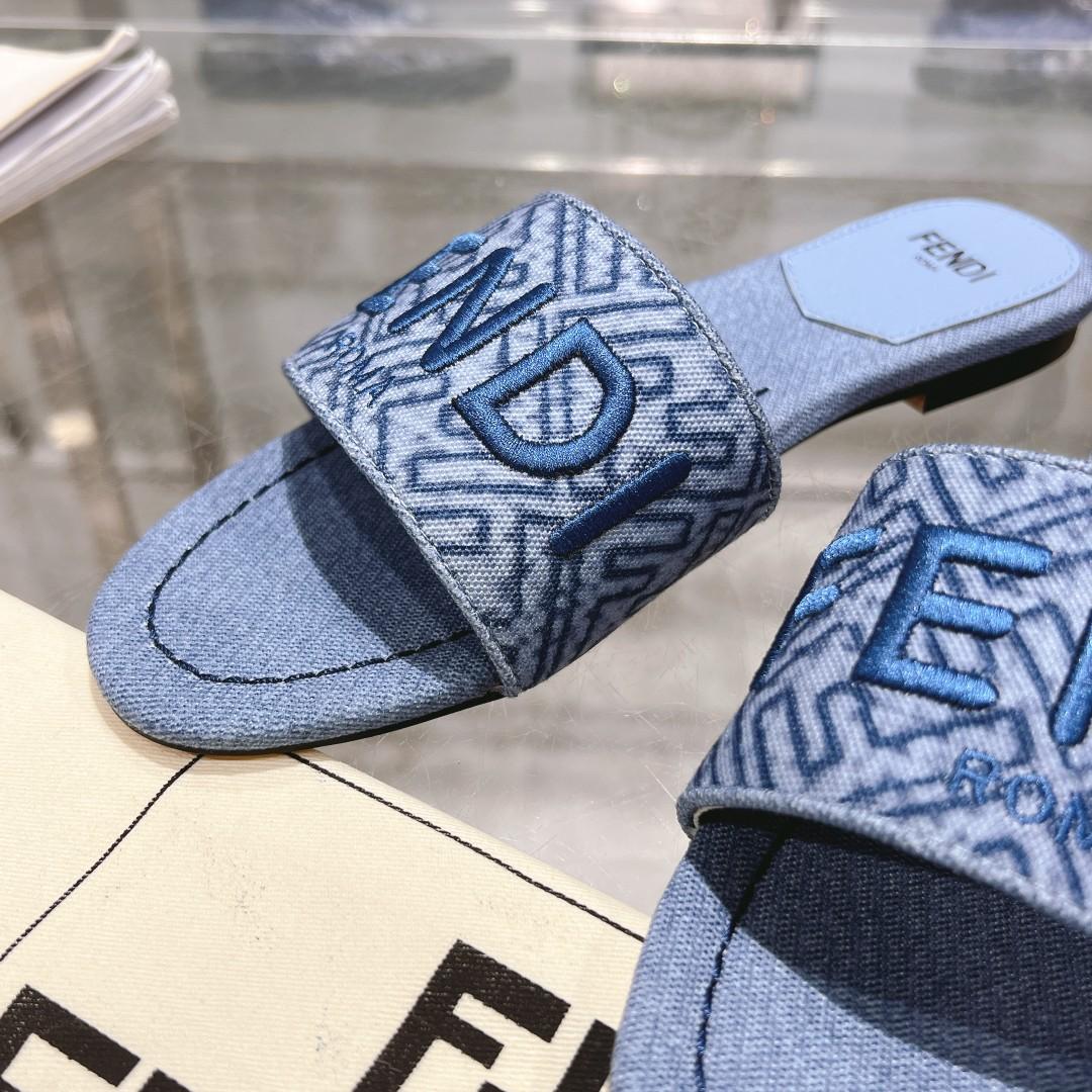 Fendi Signature Blue Denim Slides - PerfectKickZ