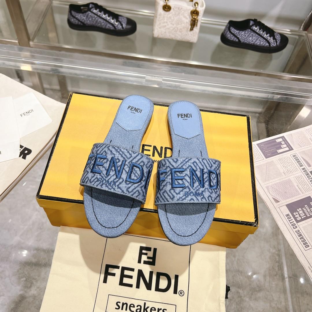 Fendi Signature Blue Denim Slides - PerfectKickZ
