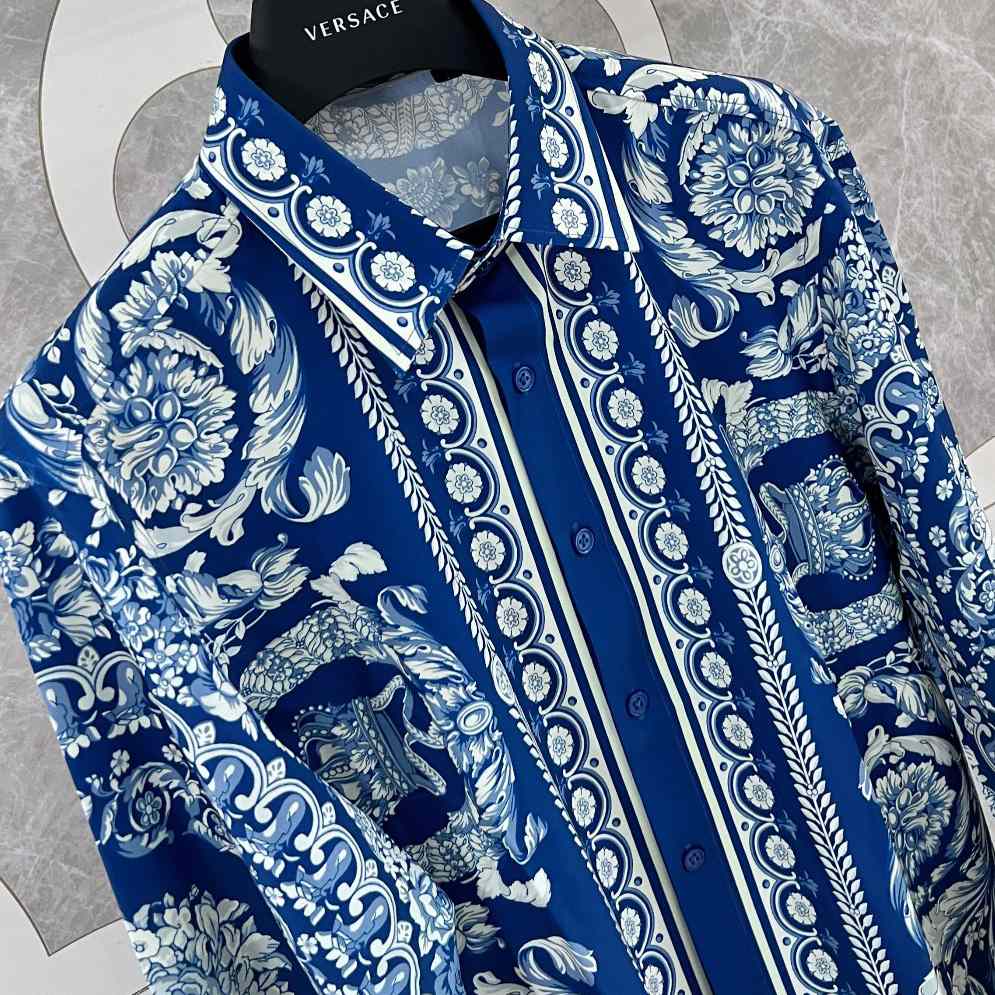 Versace Blue Baroque Silk Shirt - PerfectKickZ