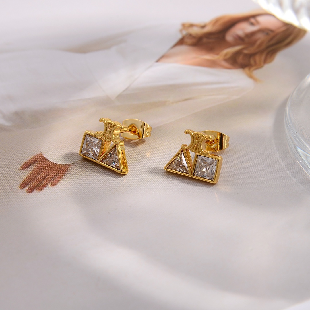 Celine Geometric Earrings In Brass With Gold Finish And Strass - PerfectKickZ