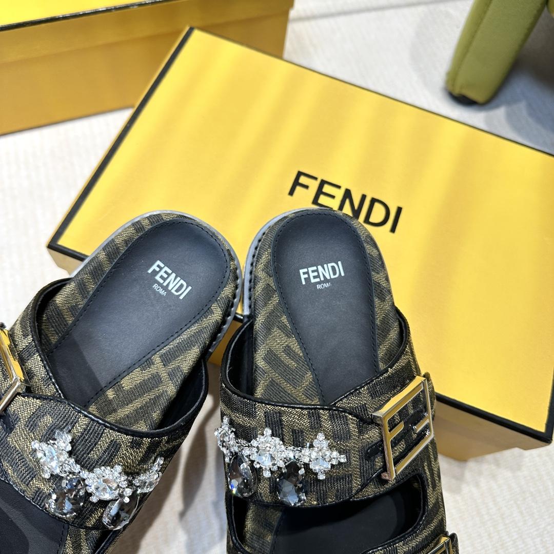 Fendi Feel Brown Fabric Slides - PerfectKickZ
