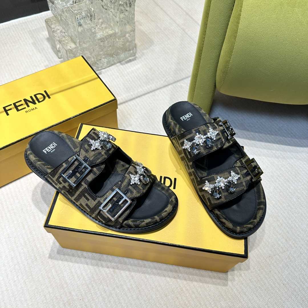 Fendi Feel Brown Fabric Slides - PerfectKickZ