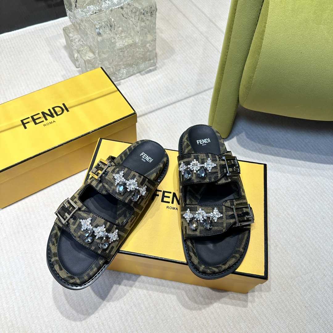 Fendi Feel Brown Fabric Slides - PerfectKickZ
