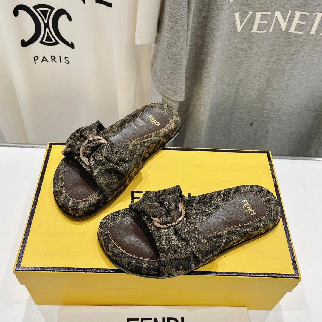 Fendi Feel Brown FF Jacquard Slides - PerfectKickZ