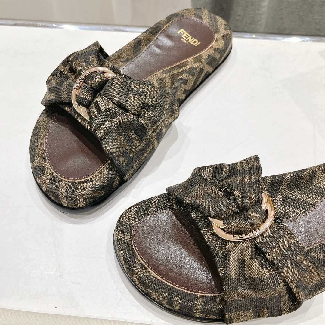 Fendi Feel Brown FF Jacquard Slides - PerfectKickZ
