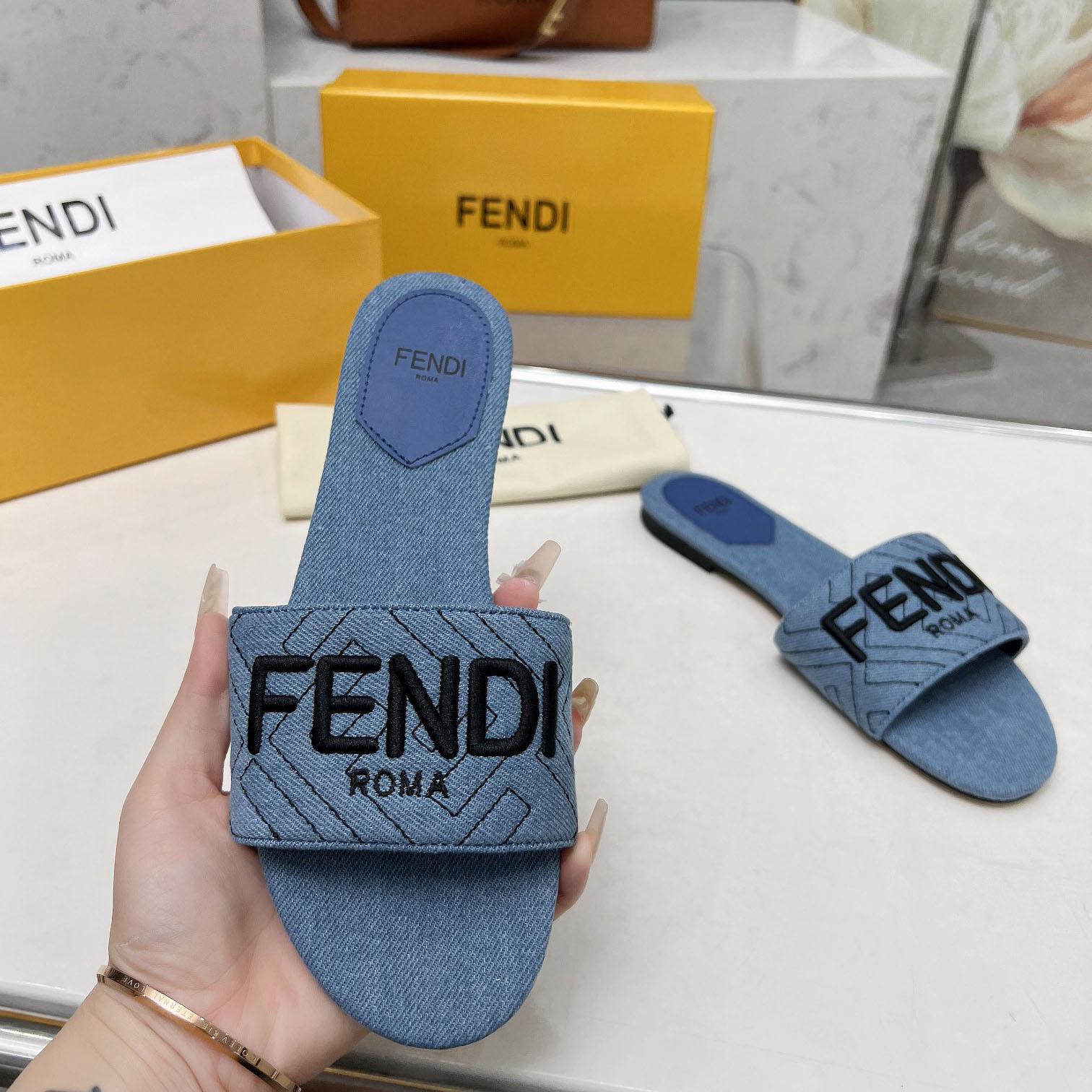 Fendi Signature Blue Denim Slides - 