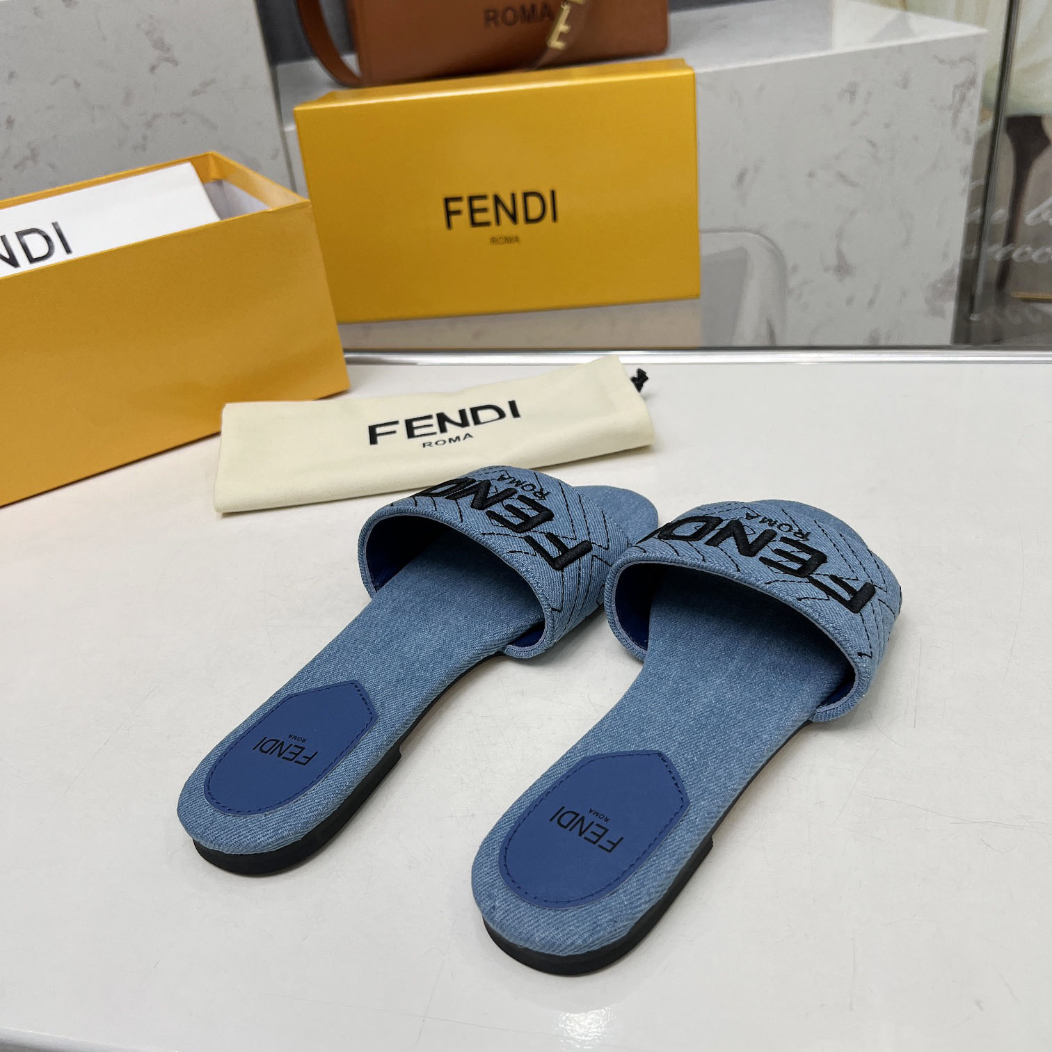 Fendi Signature Blue Denim Slides - 