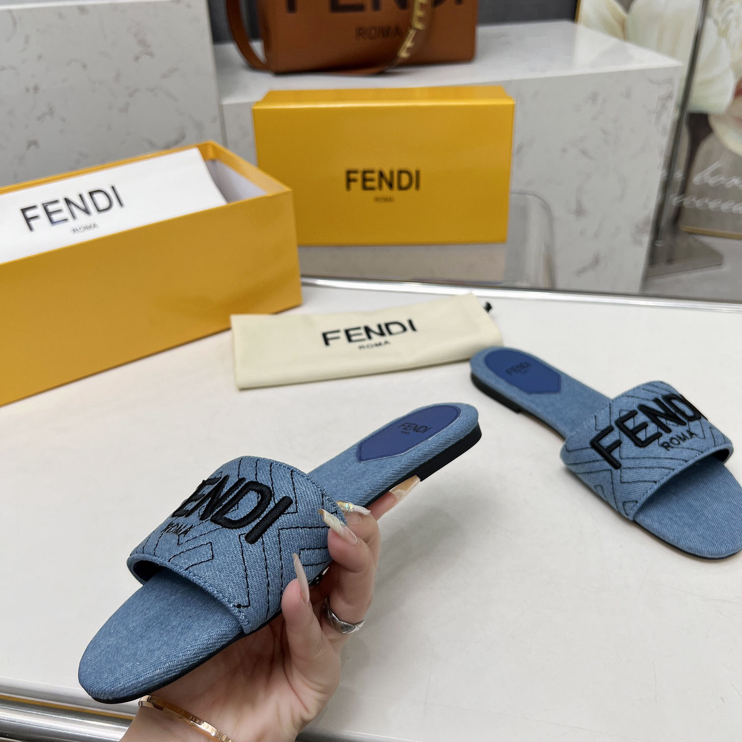Fendi Signature Blue Denim Slides - 