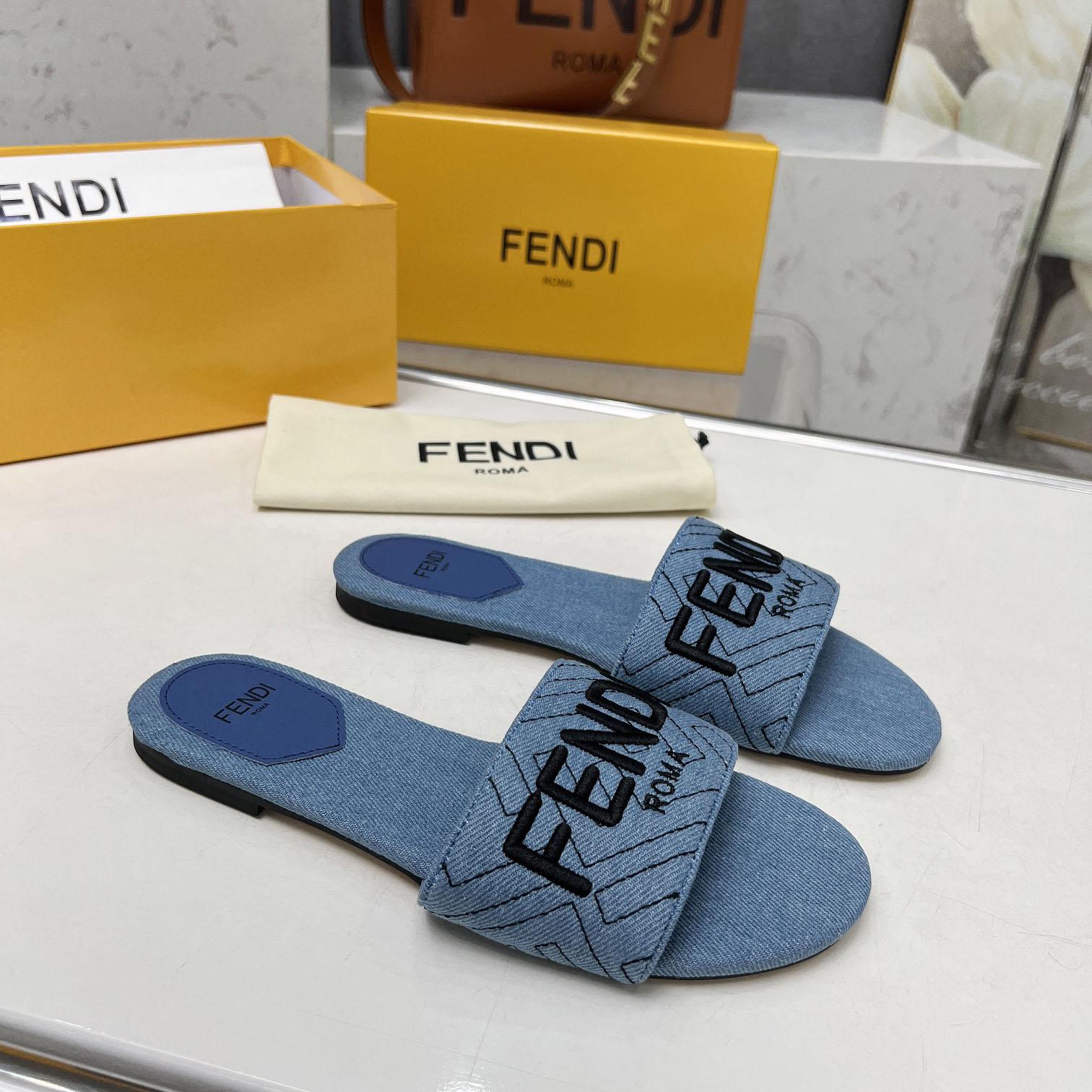 Fendi Signature Blue Denim Slides - PerfectKickZ
