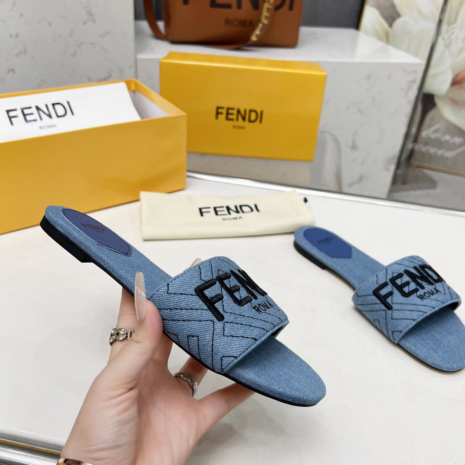Fendi Signature Blue Denim Slides - 