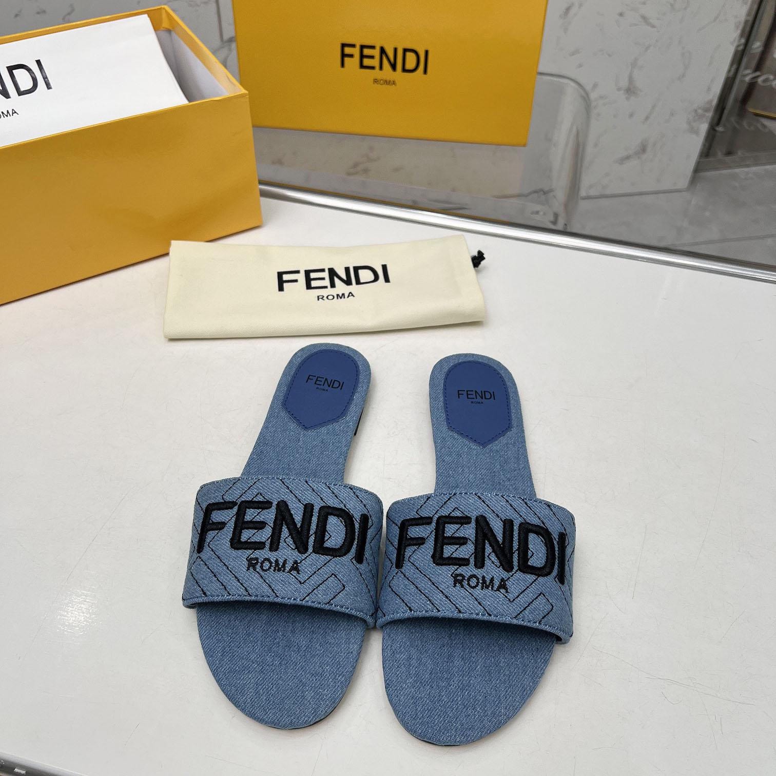 Fendi Signature Blue Denim Slides - 