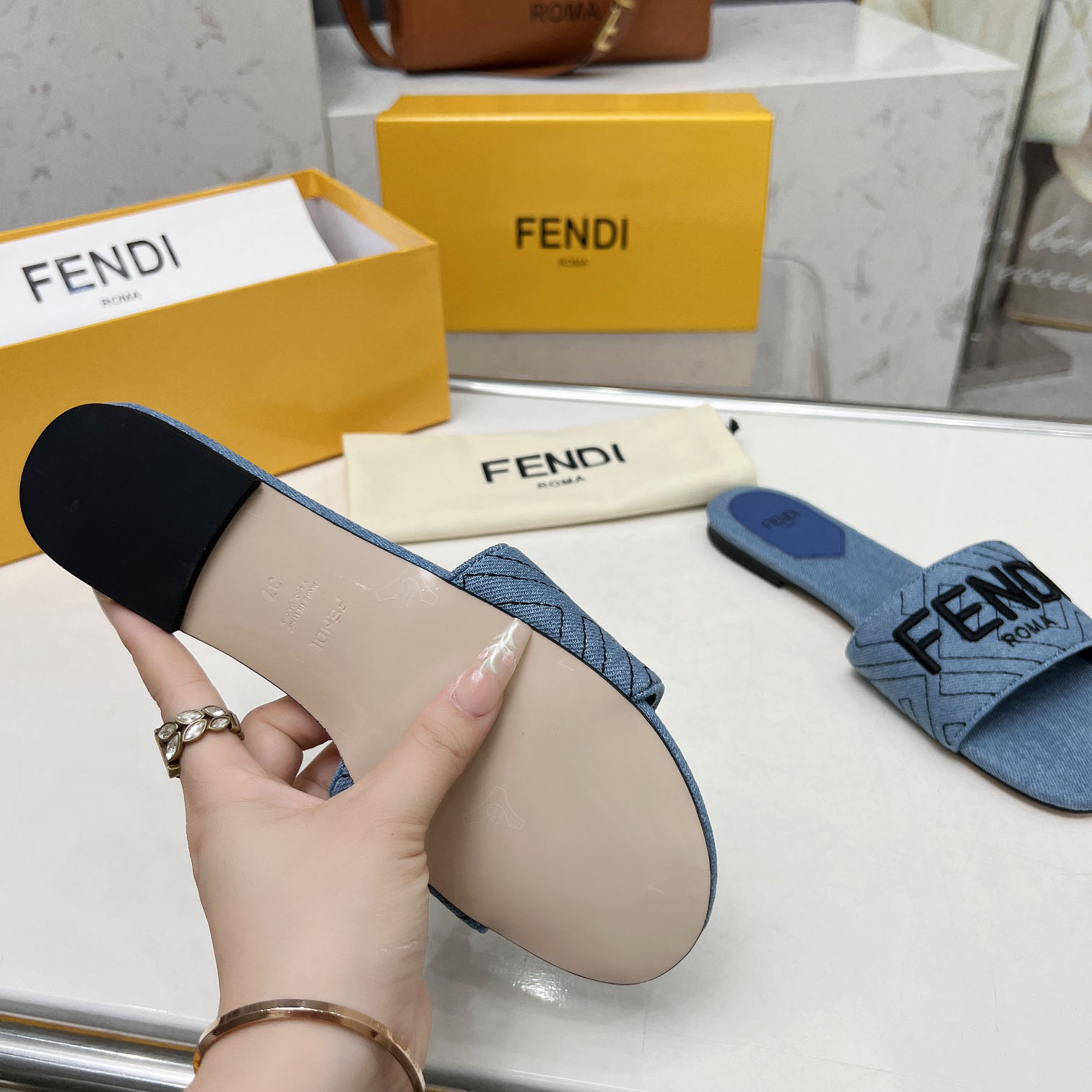 Fendi Signature Blue Denim Slides - 