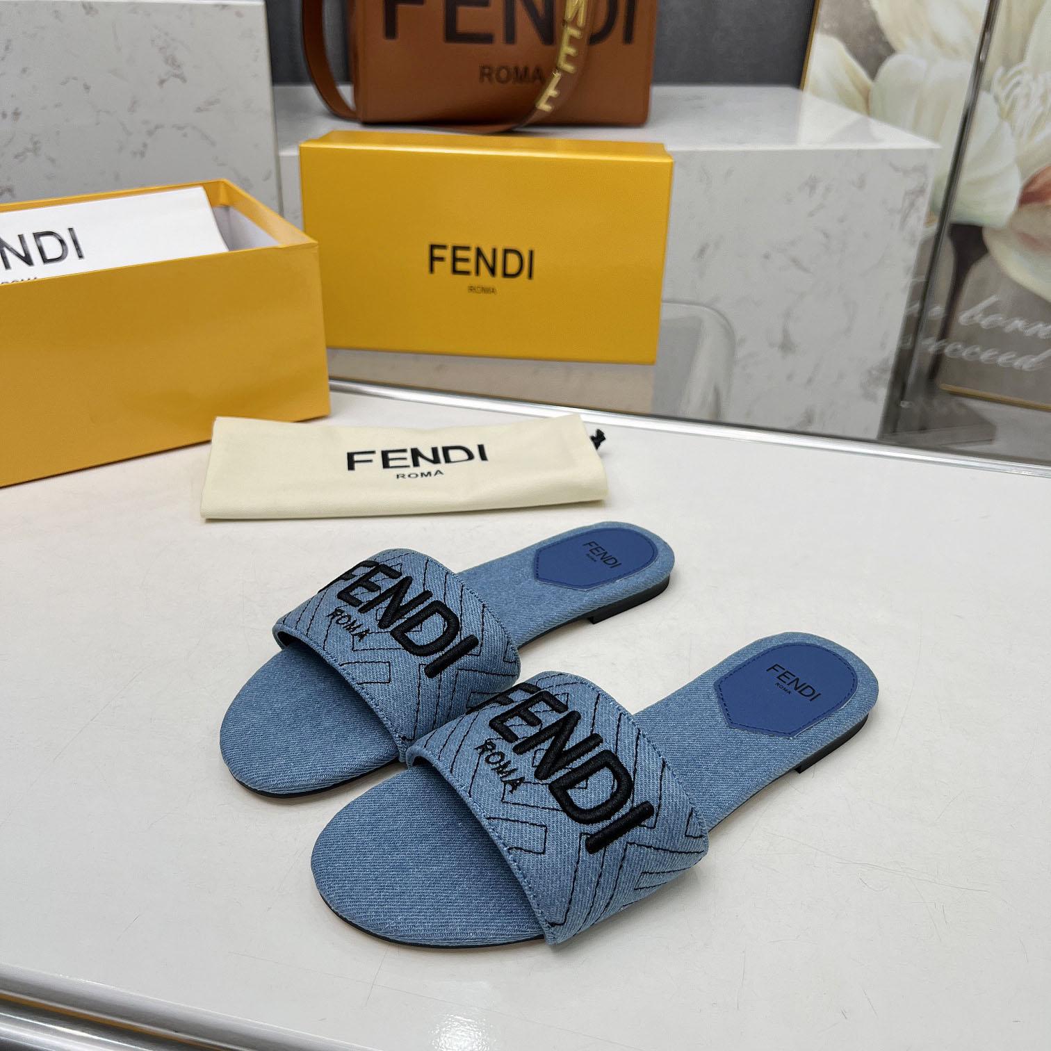 Fendi Signature Blue Denim Slides - 