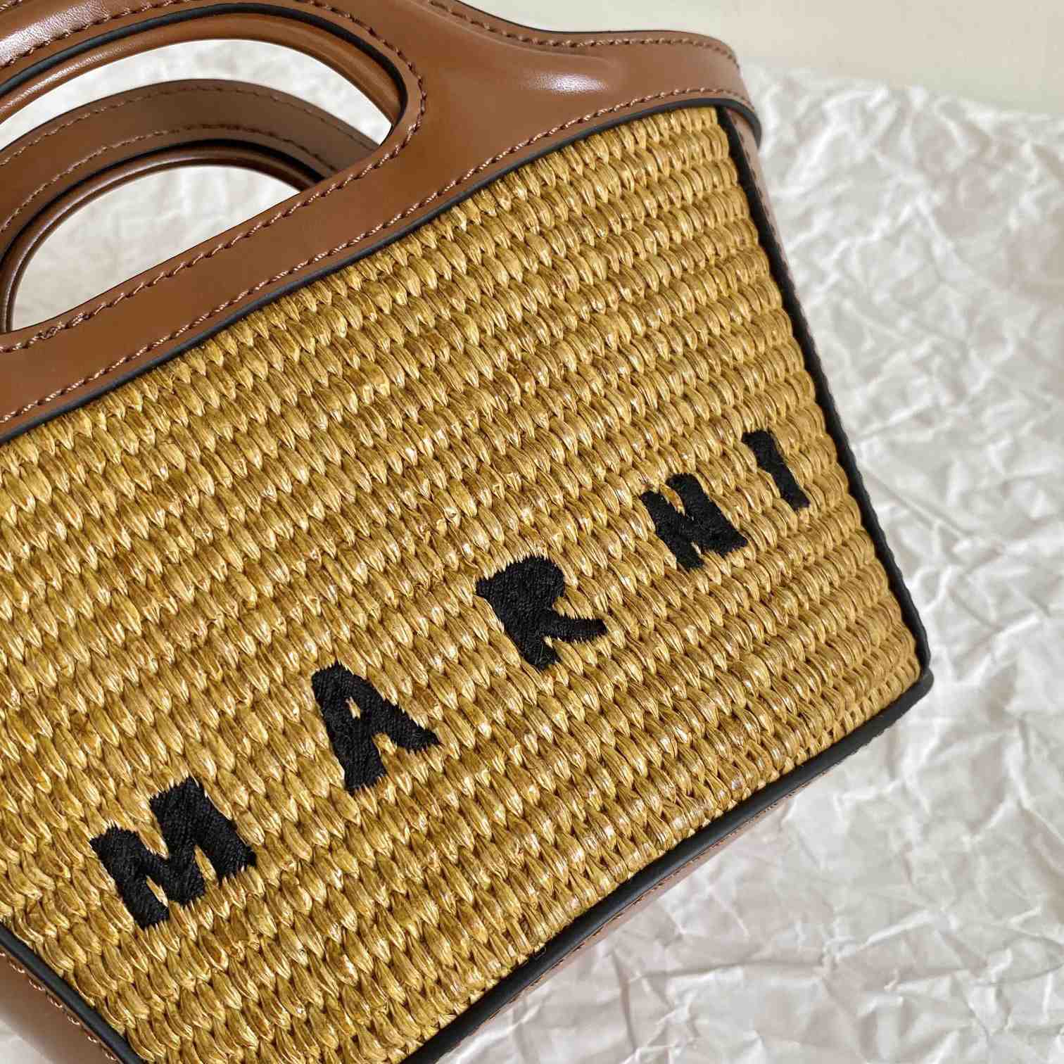 Marni Tropicalia Micro Bag In Brown Leather And Raffia-effect Fabric - PerfectKickZ