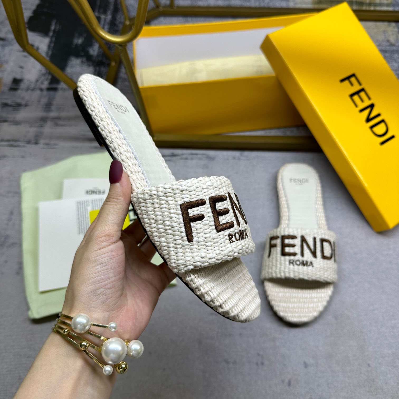 Fendi Signature Natural Raffia Slides - PerfectKickZ