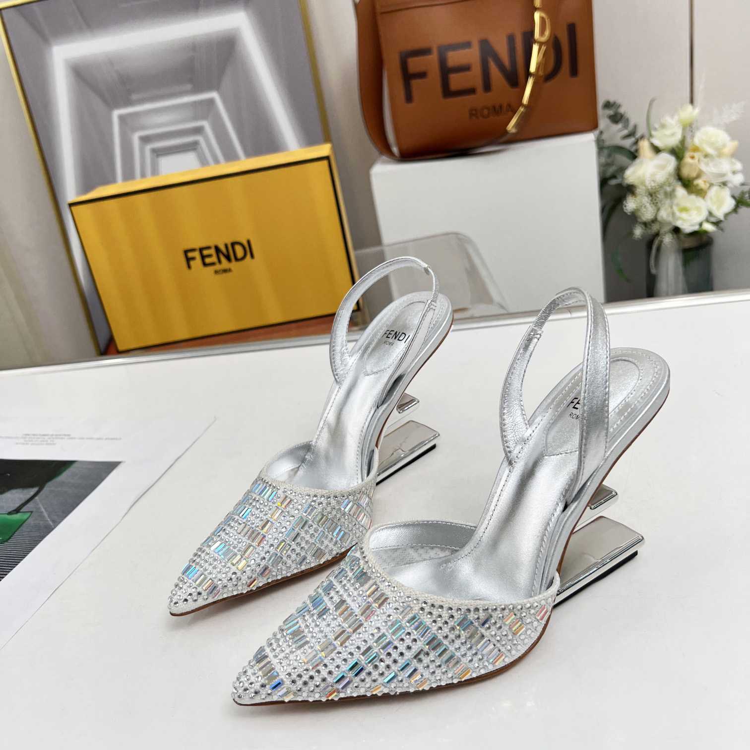 Fendi First Silver-colored Rhinestone High-heeled Slingbacks - PerfectKickZ