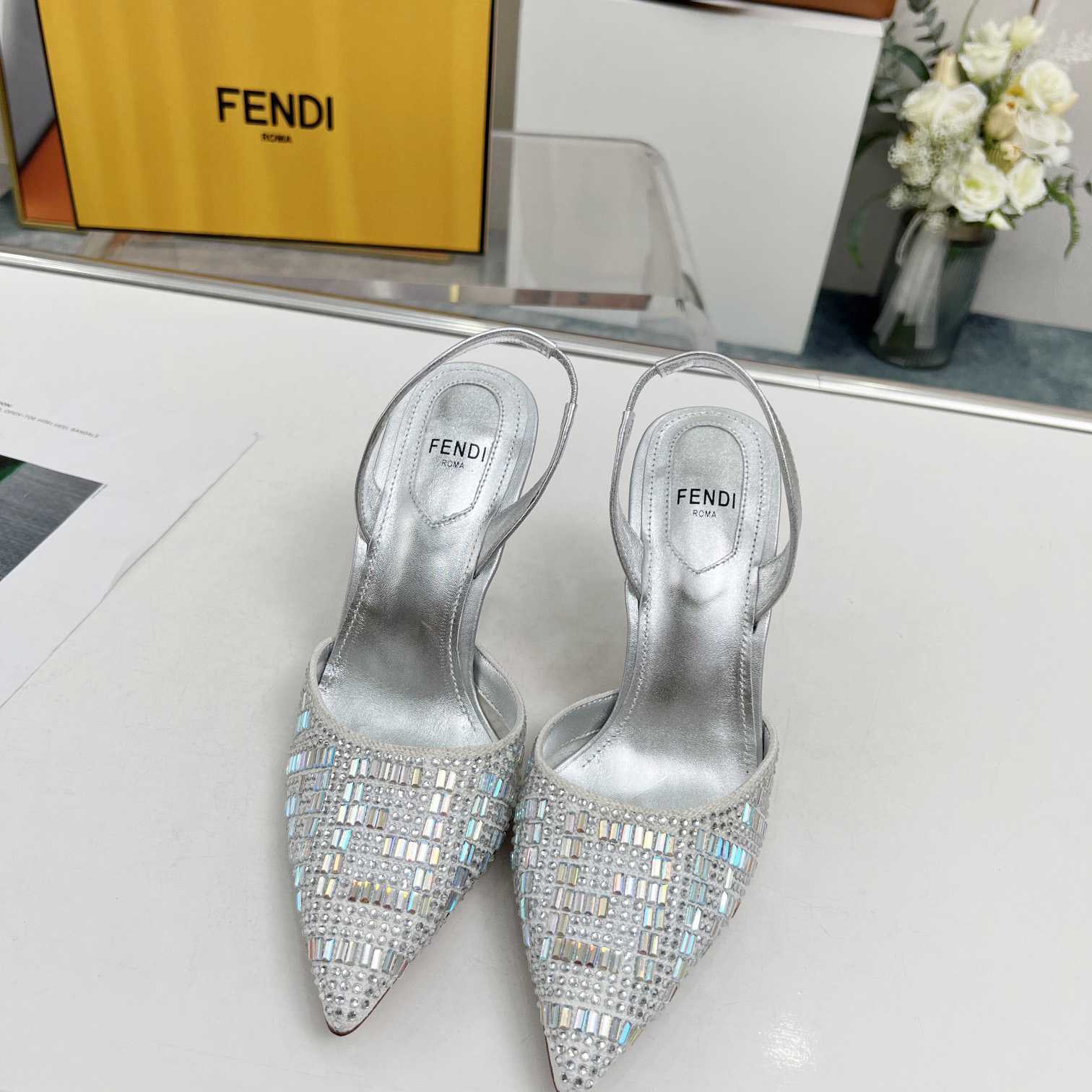 Fendi First Silver-colored Rhinestone High-heeled Slingbacks - 