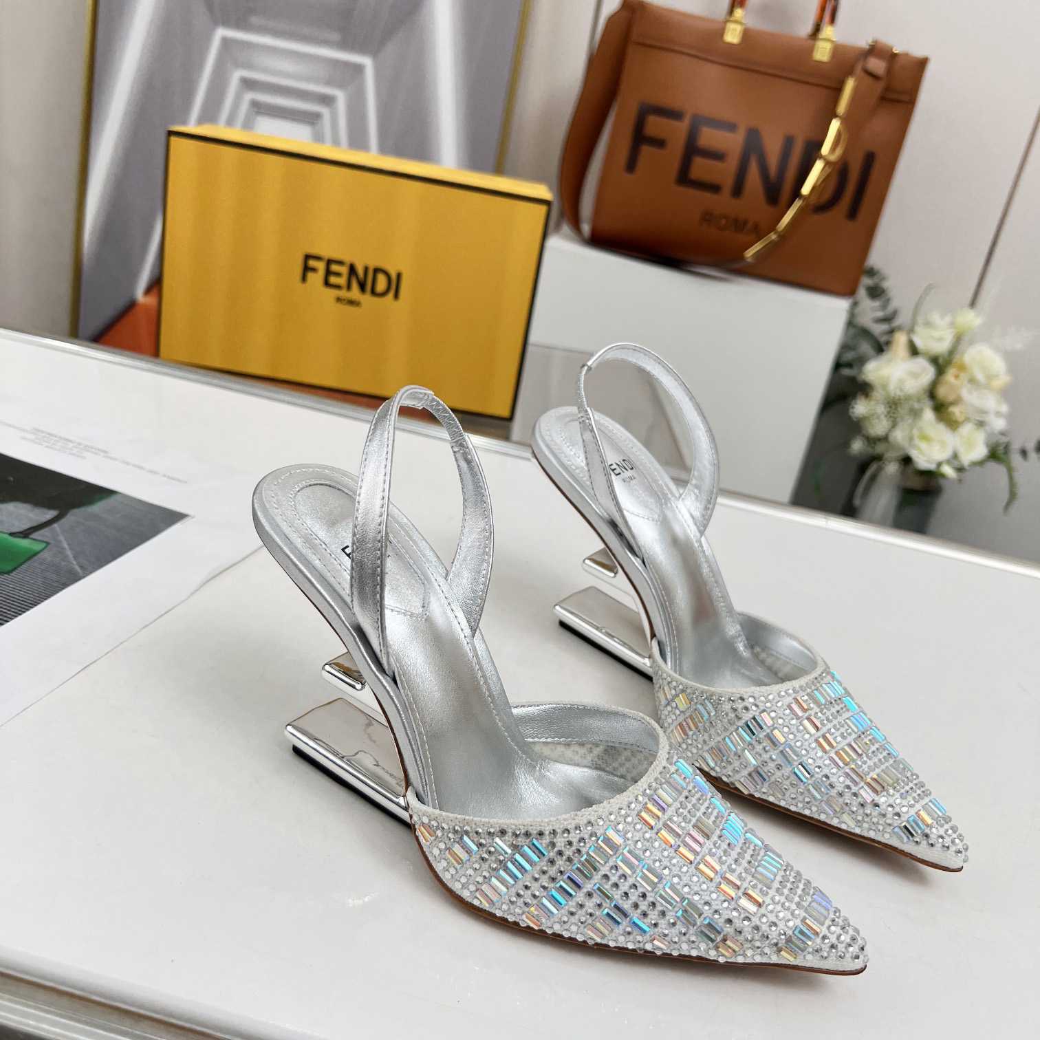 Fendi First Silver-colored Rhinestone High-heeled Slingbacks