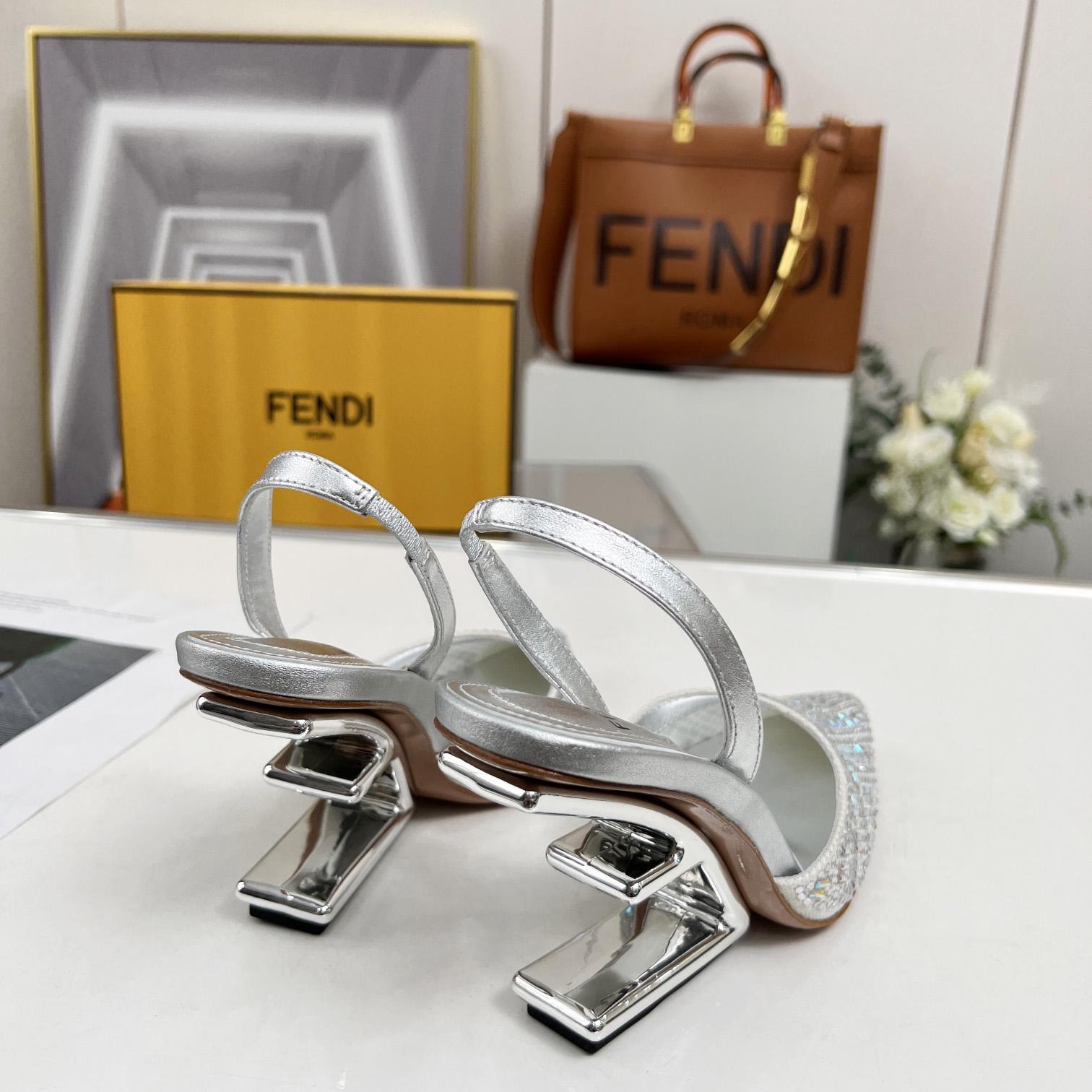 Fendi First Silver-colored Rhinestone High-heeled Slingbacks - 