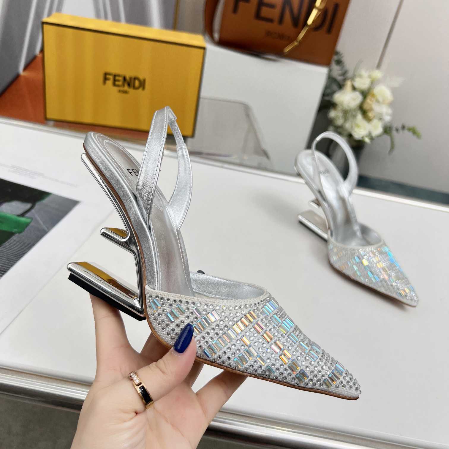 Fendi First Silver-colored Rhinestone High-heeled Slingbacks - 