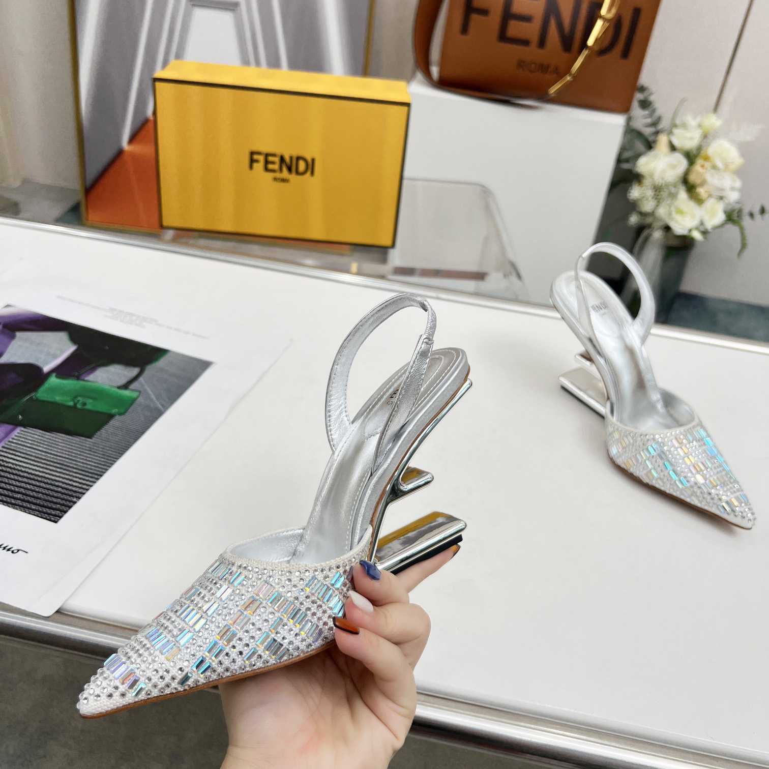 Fendi First Silver-colored Rhinestone High-heeled Slingbacks - 