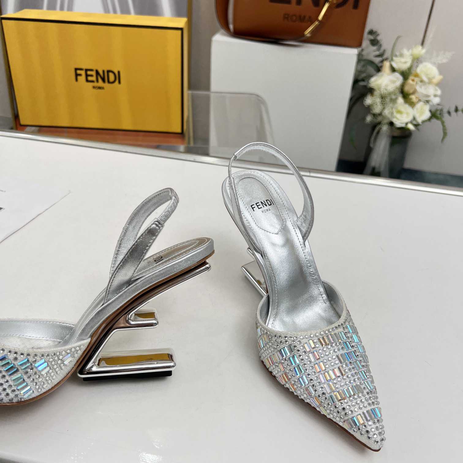 Fendi First Silver-colored Rhinestone High-heeled Slingbacks - 