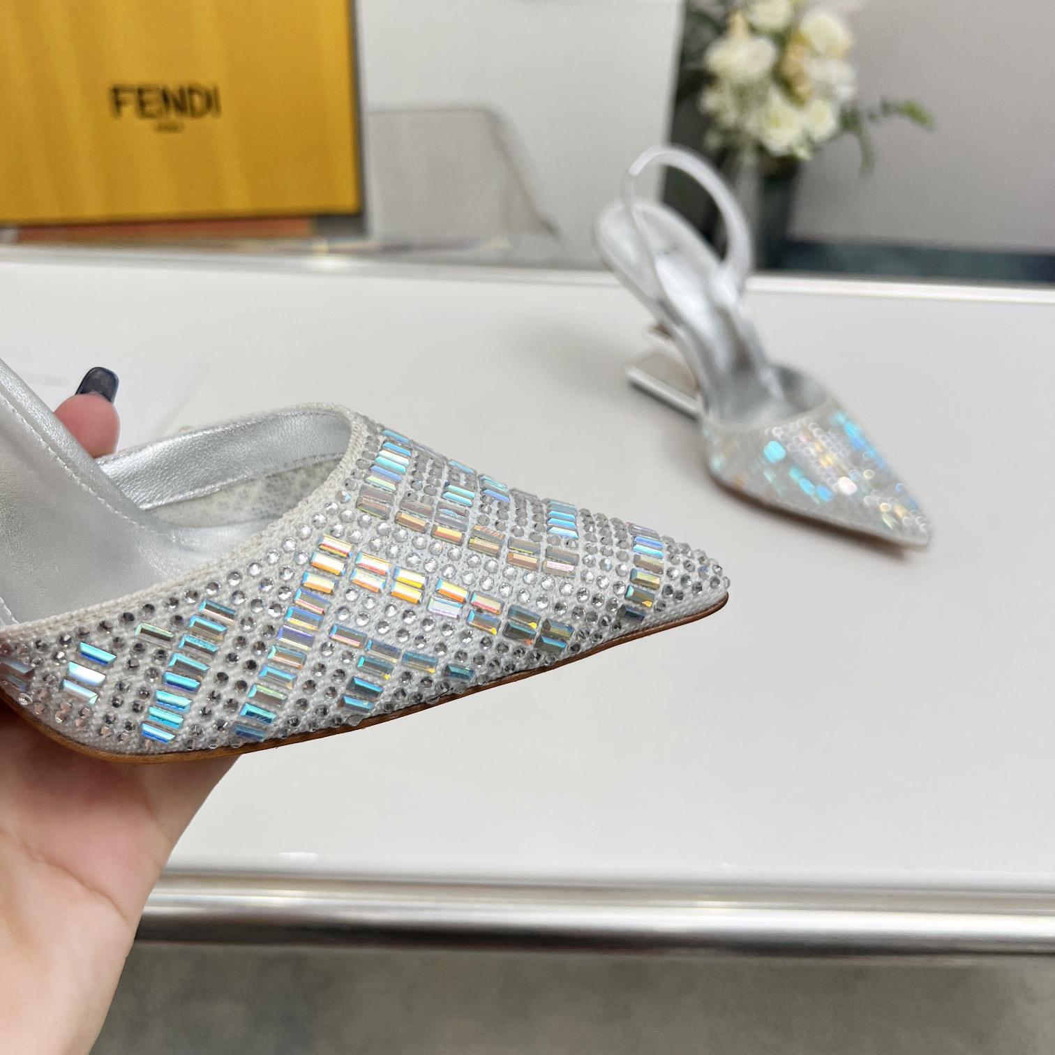 Fendi First Silver-colored Rhinestone High-heeled Slingbacks - 