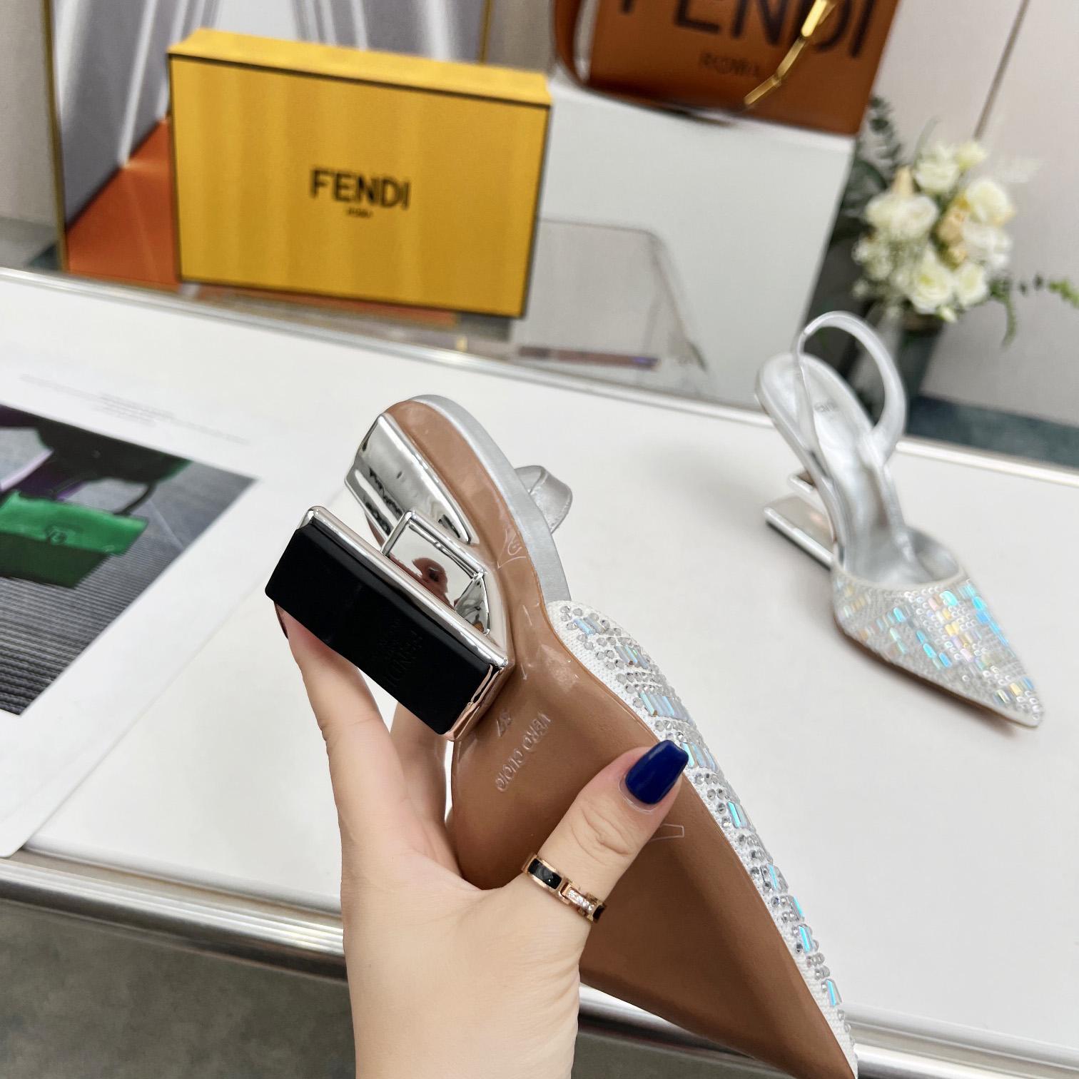 Fendi First Silver-colored Rhinestone High-heeled Slingbacks - 
