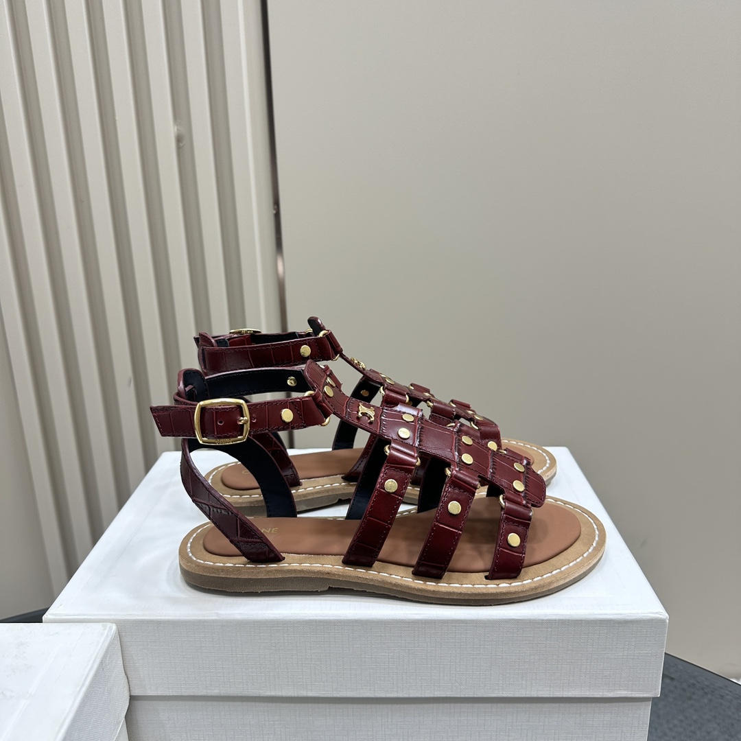 Celine Lympia Gladiator Sandal In Crocodile Stamped Calfskin Dark Brown - PerfectKickZ