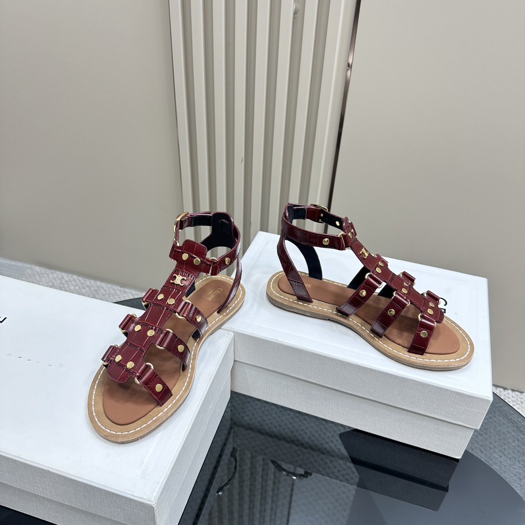 Celine Lympia Gladiator Sandal In Crocodile Stamped Calfskin Dark Brown - PerfectKickZ
