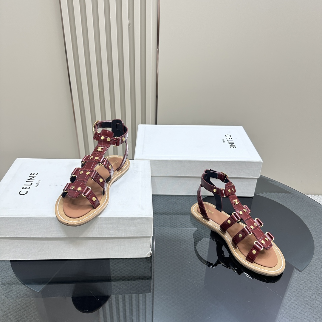 Celine Lympia Gladiator Sandal In Crocodile Stamped Calfskin Dark Brown - PerfectKickZ