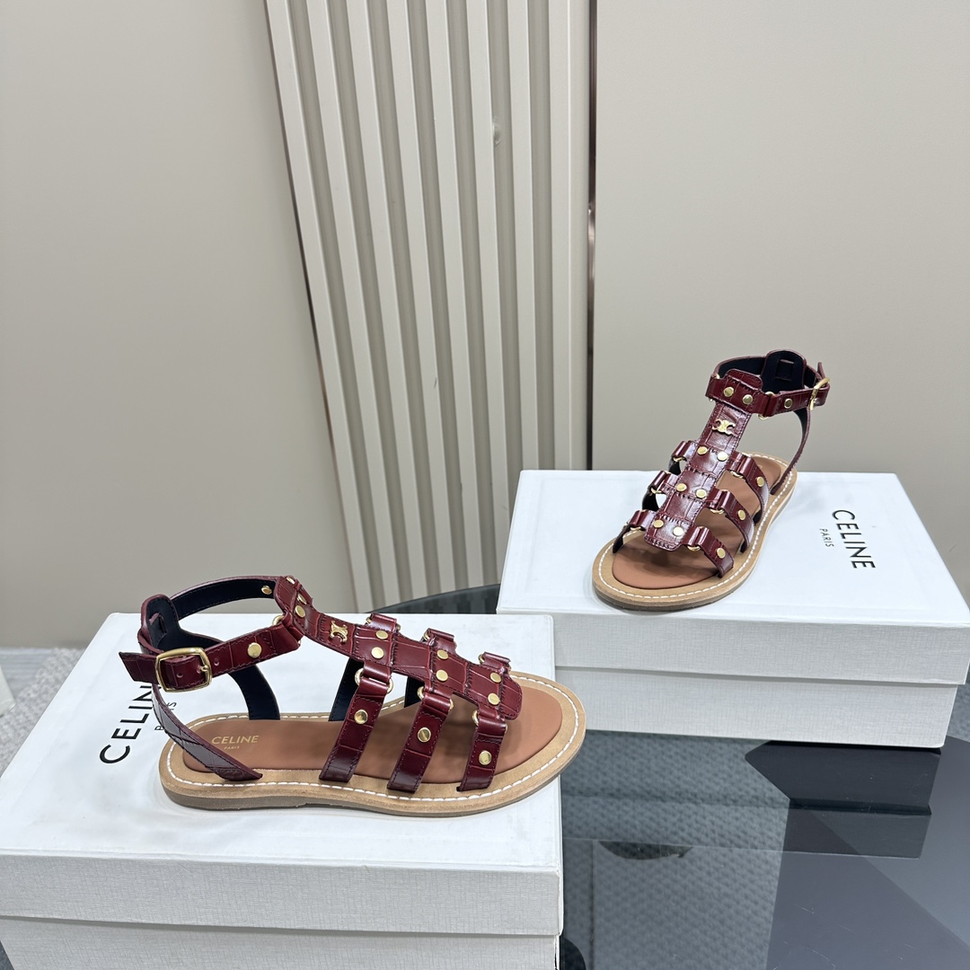 Celine Lympia Gladiator Sandal In Crocodile Stamped Calfskin Dark Brown - PerfectKickZ