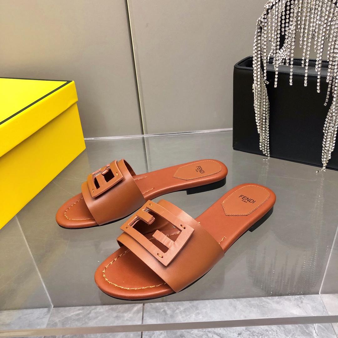 Fendi Baguette Brown Leather Slides - PerfectKickZ