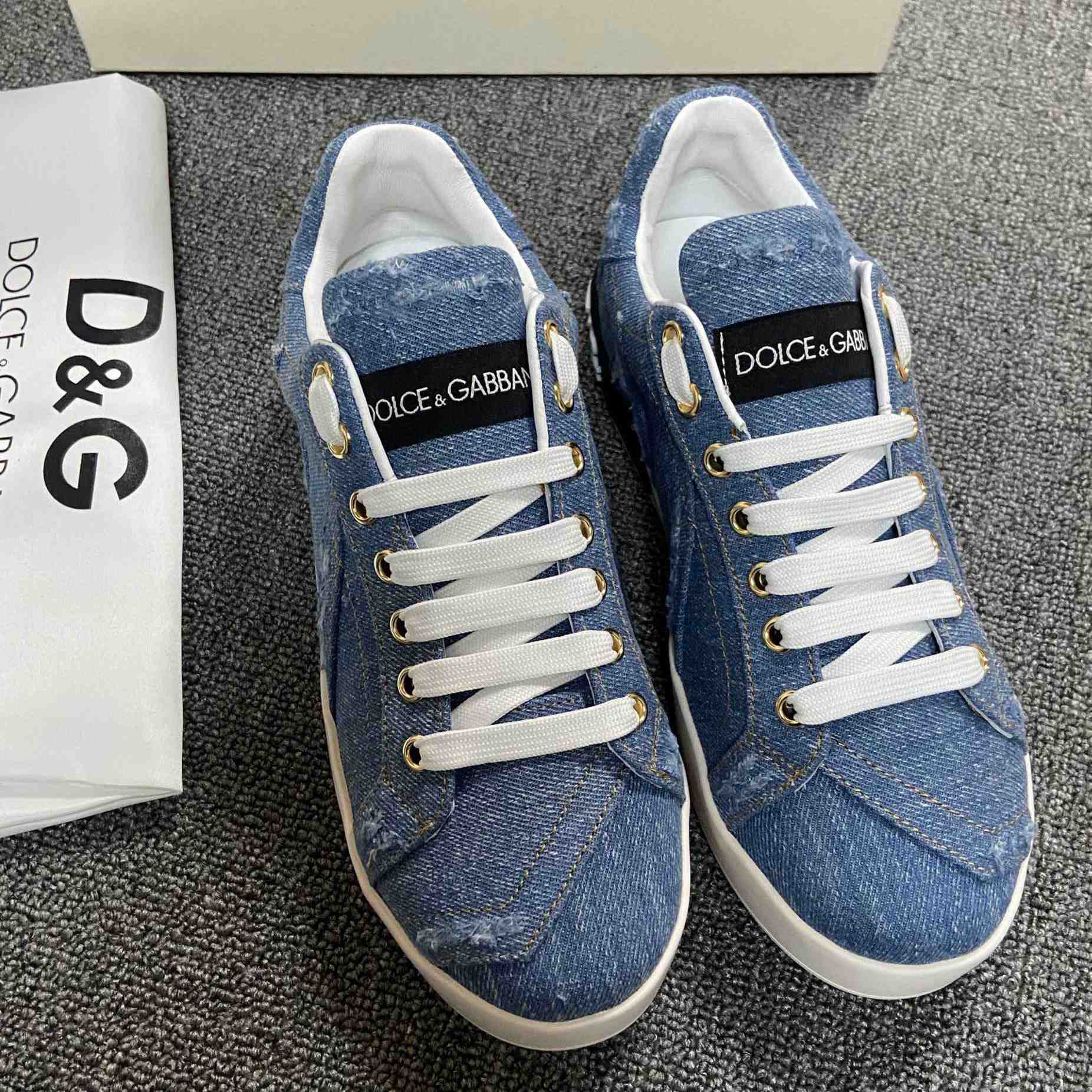 Dolce & Gabbana Portofino Denim Patchwork Trainers In Blue - PerfectKickZ