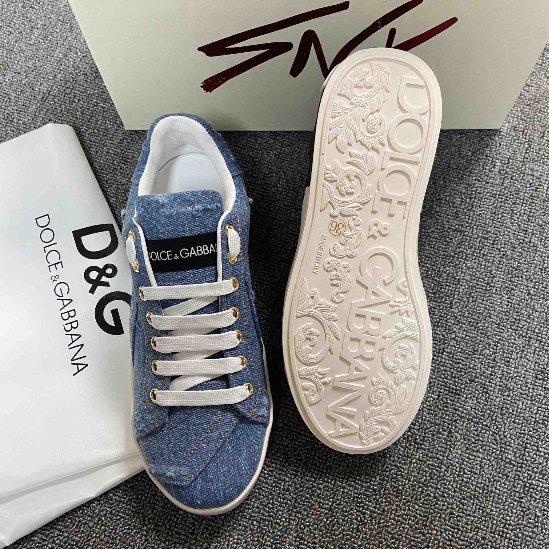 Dolce & Gabbana Portofino Denim Patchwork Trainers In Blue - 