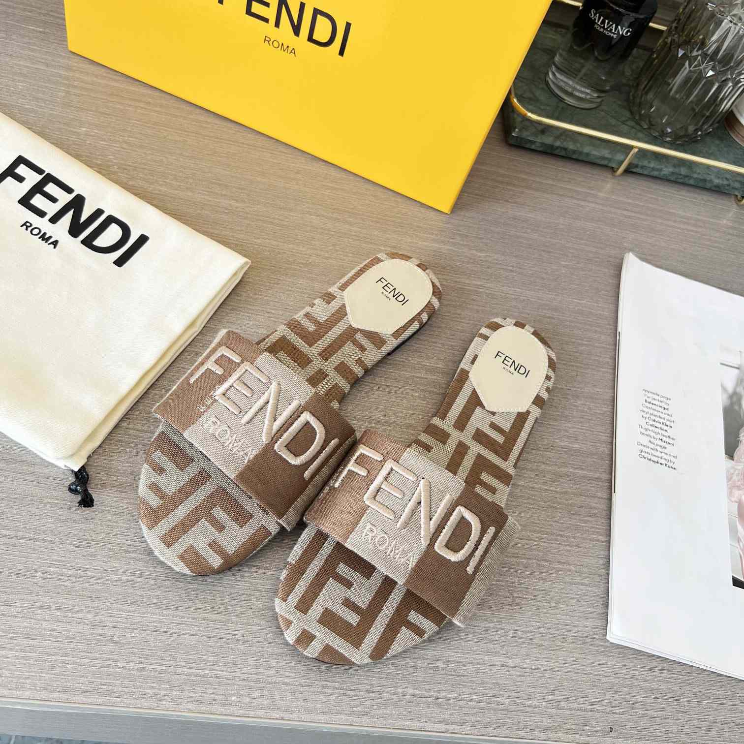 Fendi Signature Beige Fabric Slides - PerfectKickZ