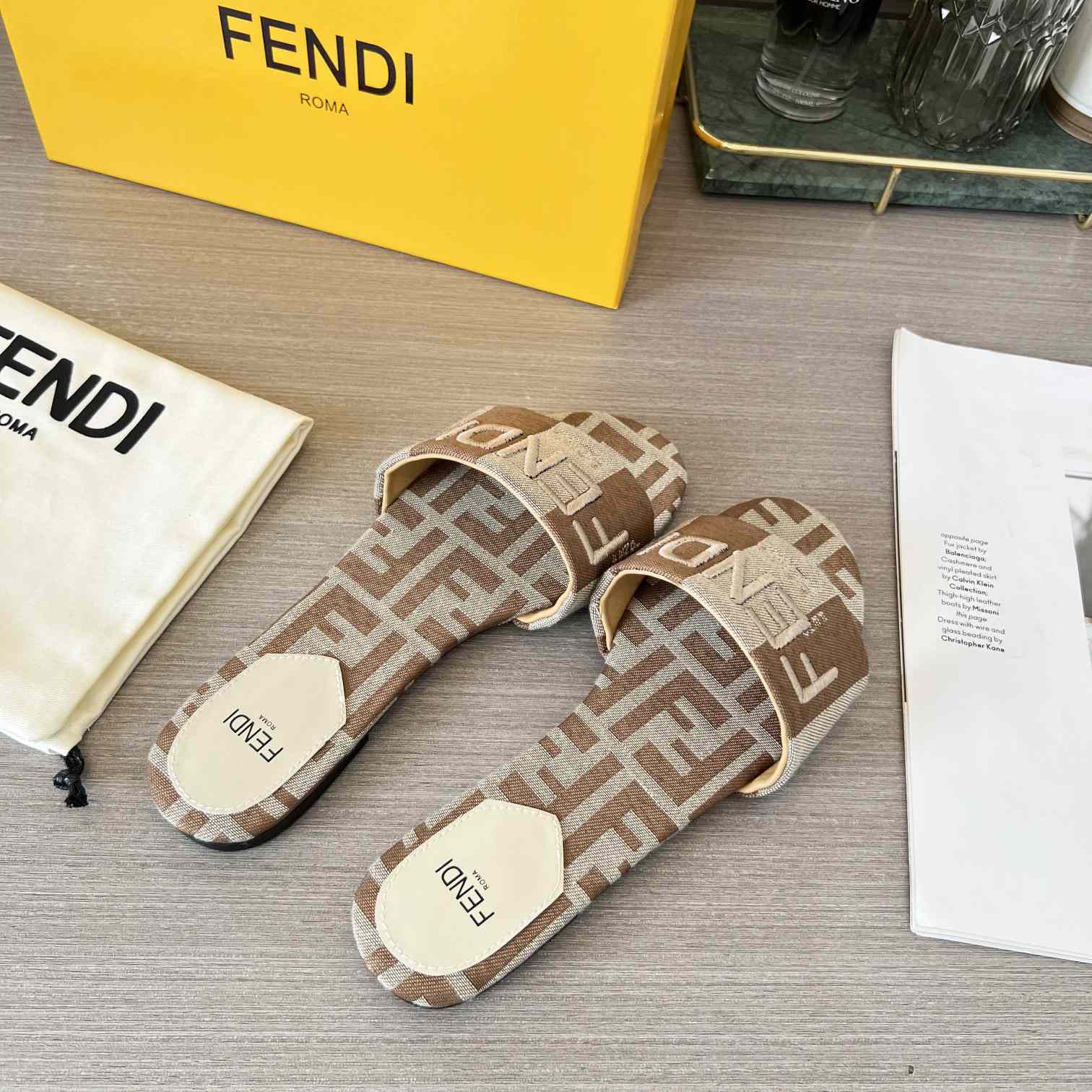Fendi Signature Beige Fabric Slides - PerfectKickZ