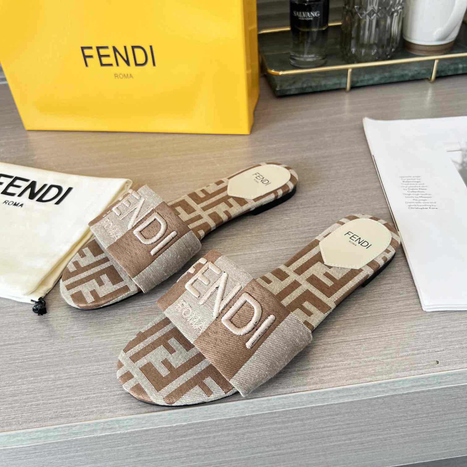 Fendi Signature Beige Fabric Slides - PerfectKickZ