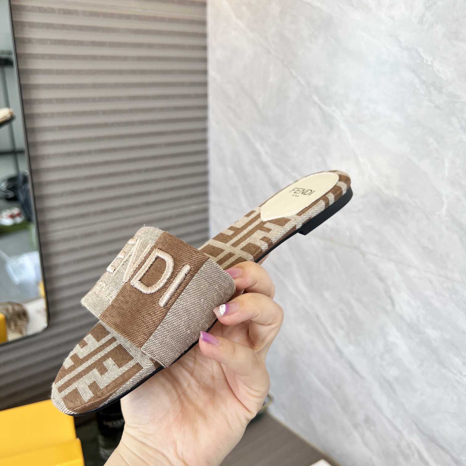 Fendi Signature Beige Fabric Slides - PerfectKickZ