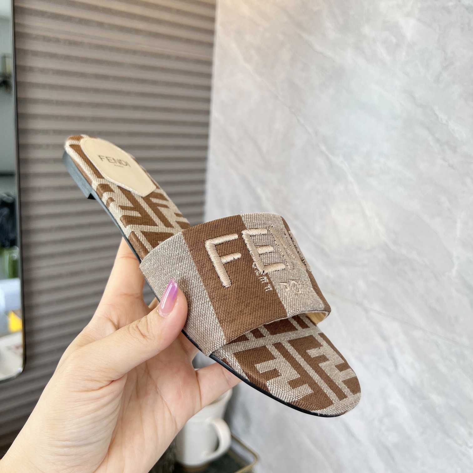 Fendi Signature Beige Fabric Slides - PerfectKickZ
