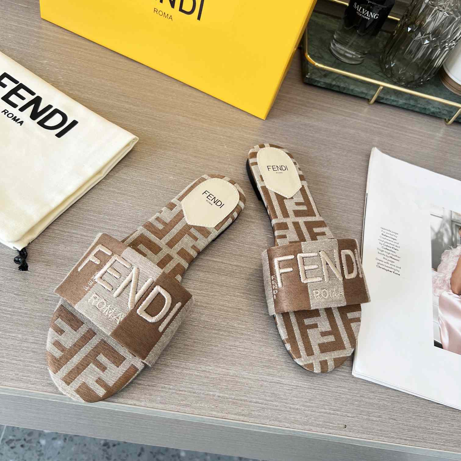 Fendi Signature Beige Fabric Slides - PerfectKickZ