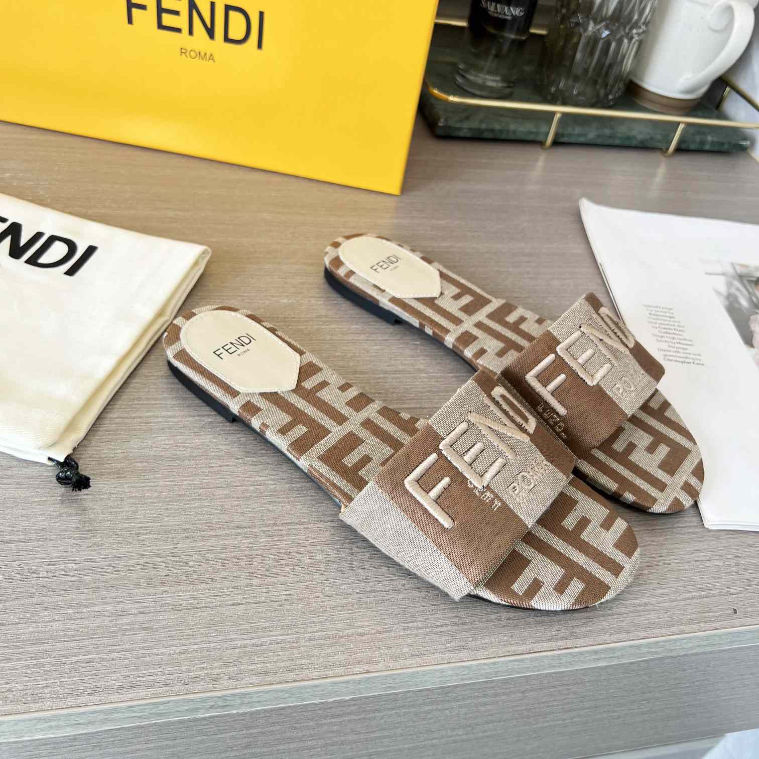 Fendi Signature Beige Fabric Slides - PerfectKickZ