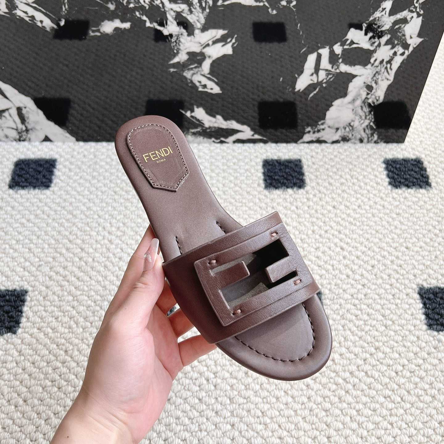 Fendi Baguette Brown Leather Slides - PerfectKickZ